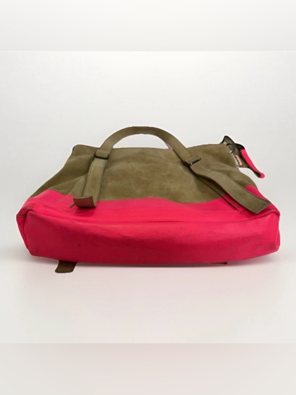 Hunter Suede & Leather Tote Bag Tan Pink Neon Trim Shoulder Bag Zip Pocket - Picture 3 of 13